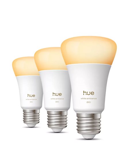 Pacote com 3 lâmpadas inteligentes Hue E27 A60 810Lm, 6W equivalente a 60W, dimerizáveis, luz ambiente branca, controle por voz.
