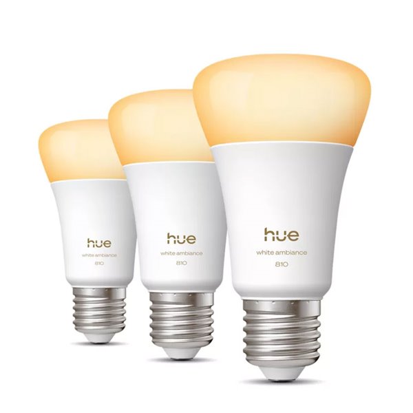 Pacote com 3 lâmpadas inteligentes Hue E27 A60 810Lm, 6W equivalente a 60W, dimerizáveis, luz ambiente branca, controle por voz.