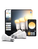 Pacote com 3 lâmpadas inteligentes Hue E27 A60 810Lm, 6W equivalente a 60W, dimerizáveis, luz ambiente branca, controle por voz.