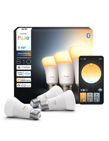 Pack 3 bombillas inteligentes Hue E27 A60 810Lm, 6W equivalente 60W, regulable, White Ambiance, control por voz