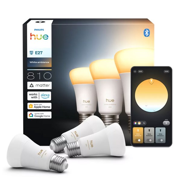 Pack 3 bombillas inteligentes Hue E27 A60 810Lm, 6W equivalente 60W, regulable, White Ambiance, control por voz