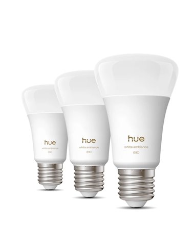 Pack 3 bombillas inteligentes Hue E27 A60 810Lm, 6W equivalente 60W, regulable, White Ambiance, control por voz