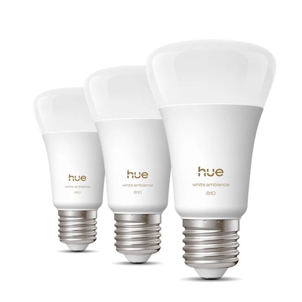 Pack 3 bombillas inteligentes Hue E27 A60 810Lm, 6W equivalente 60W, regulable, White Ambiance, control por voz