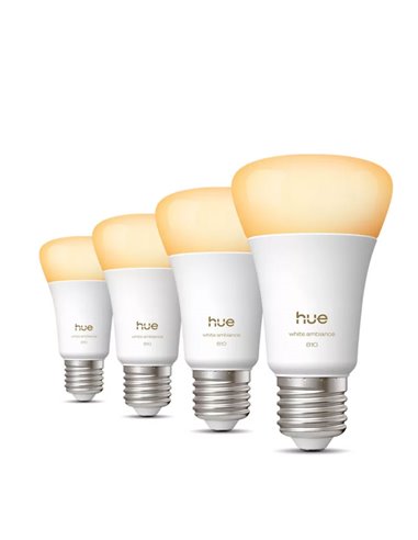 Pack 4 bombillas inteligentes Hue E27 A60 810Lm, 6W equivalente 60W, regulable, White Ambiance, control por voz