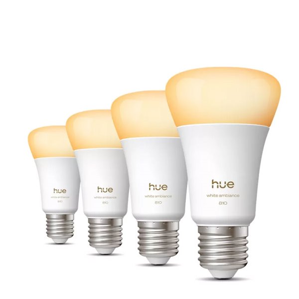 Pack 4 bombillas inteligentes Hue E27 A60 810Lm, 6W equivalente 60W, regulable, White Ambiance, control por voz