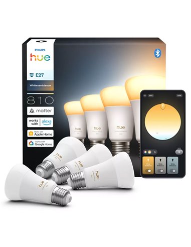 Pack 4 bombillas inteligentes Hue E27 A60 810Lm, 6W equivalente 60W, regulable, White Ambiance, control por voz