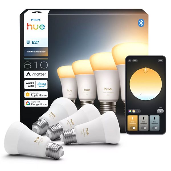 Pacote com 4 lâmpadas inteligentes Hue E27 A60 810Lm, 6W equivalente a 60W, dimerizáveis, luz ambiente branca, controle por voz.