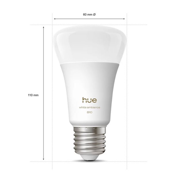 Pack 4 bombillas inteligentes Hue E27 A60 810Lm, 6W equivalente 60W, regulable, White Ambiance, control por voz