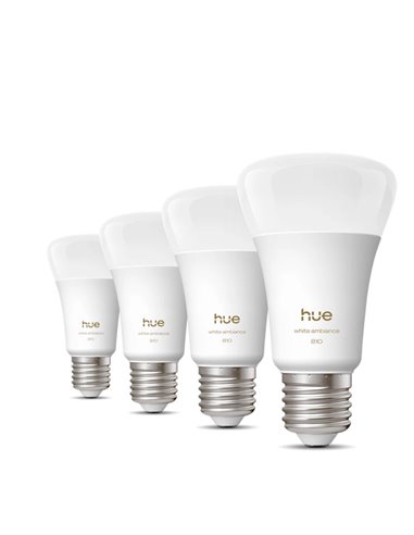 Pacote com 4 lâmpadas inteligentes Hue E27 A60 810Lm, 6W equivalente a 60W, dimerizáveis, luz ambiente branca, controle por voz.