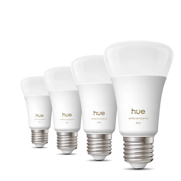Pack 4 bombillas inteligentes Hue E27 A60 810Lm, 6W equivalente 60W, regulable, White Ambiance, control por voz