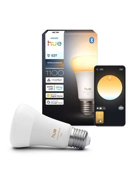 Bombilla LED inteligente Hue E27 A60 1100Lm, 8,1W equivalente 75W, regulable, White Ambiance, control por voz