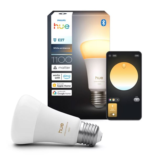 Bombilla LED inteligente Hue E27 A60 1100Lm, 8,1W equivalente 75W, regulable, White Ambiance, control por voz