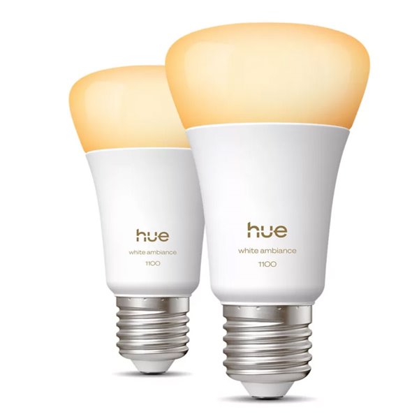 Pack 2 bombillas inteligentes Hue E27 A60 1100Lm, 8,1W equivalente 75W, regulable, White Ambiance, control por voz