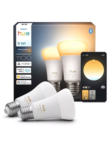 Pack 2 bombillas inteligentes Hue E27 A60 1100Lm, 8,1W equivalente 75W, regulable, White Ambiance, control por voz