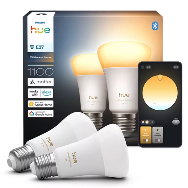 Pack 2 bombillas inteligentes Hue E27 A60 1100Lm, 8,1W equivalente 75W, regulable, White Ambiance, control por voz
