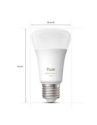 Pack 2 bombillas inteligentes Hue E27 A60 1100Lm, 8,1W equivalente 75W, regulable, White Ambiance, control por voz