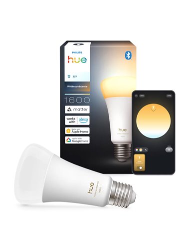 Bombilla LED inteligente super potente Hue E27 A60 1600Lm, 11,8W equivalente 100W, regulable, White Ambiance, control por voz