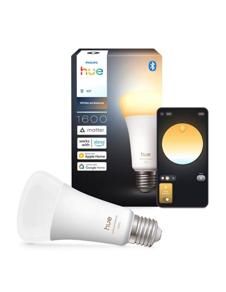 Bombilla LED inteligente super potente Hue E27 A60 1600Lm, 11,8W equivalente 100W, regulable, White Ambiance, control por voz