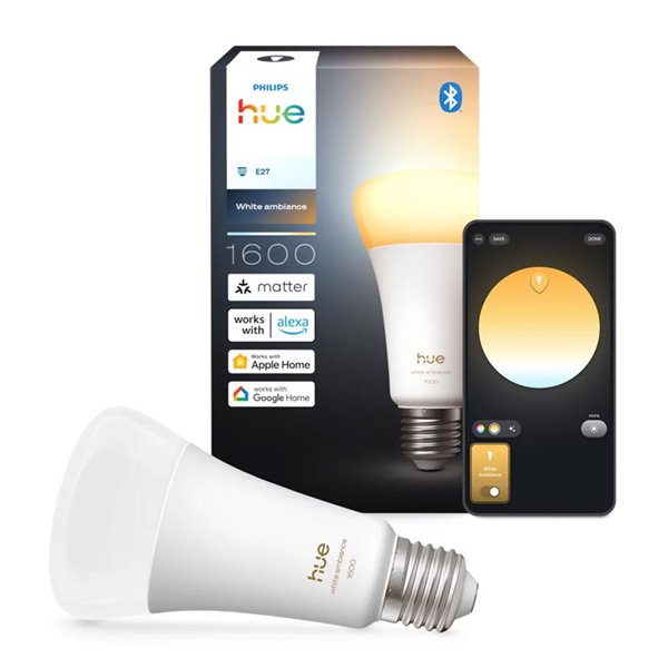 Bombilla LED inteligente super potente Hue E27 A60 1600Lm, 11,8W equivalente 100W, regulable, White Ambiance, control por voz