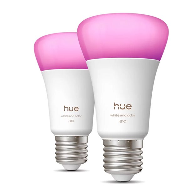 Pacote com 2 lâmpadas LED inteligentes Hue E27 A60, 810 lúmens, equivalente a 60 W (6 W), dimerizáveis, luz branca e colorida.