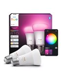Pacote com 2 lâmpadas LED inteligentes Hue E27 A60, 810 lúmens, equivalente a 60 W (6 W), dimerizáveis, luz branca e colorida.