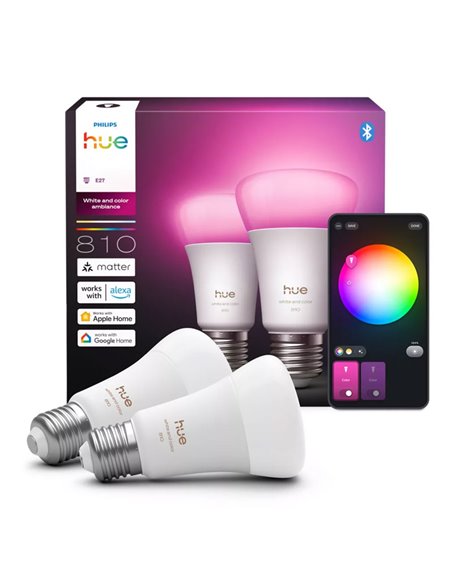 Pacote com 2 lâmpadas LED inteligentes Hue E27 A60, 810 lúmens, equivalente a 60 W (6 W), dimerizáveis, luz branca e colorida.