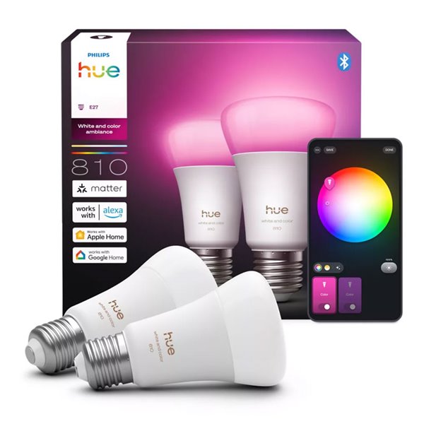 Pack 2 bombillas LES inteligentes Hue E27 A60, 810Lm, 6W equivalente 60W, regulable, White & Color Ambiance