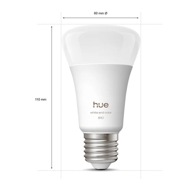 Pacote com 2 lâmpadas LED inteligentes Hue E27 A60, 810 lúmens, equivalente a 60 W (6 W), dimerizáveis, luz branca e colorida.