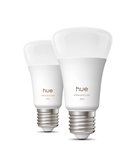 Pacote com 2 lâmpadas LED inteligentes Hue E27 A60, 810 lúmens, equivalente a 60 W (6 W), dimerizáveis, luz branca e colorida.