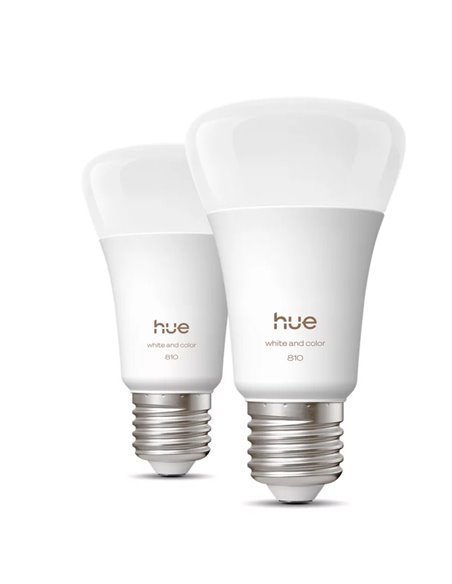 Pacote com 2 lâmpadas LED inteligentes Hue E27 A60, 810 lúmens, equivalente a 60 W (6 W), dimerizáveis, luz branca e colorida.