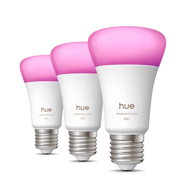 Pacote com 3 lâmpadas LED inteligentes Hue E27 A60, 810 lúmens, equivalente a 60 W (6 W), dimerizáveis, luz branca e colorida.