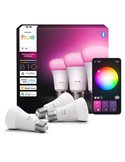 Pacote com 3 lâmpadas LED inteligentes Hue E27 A60, 810 lúmens, equivalente a 60 W (6 W), dimerizáveis, luz branca e colorida.