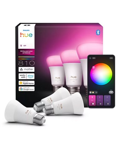 Pack 3 bombillas LES inteligentes Hue E27 A60, 810Lm, 6W equivalente 60W, regulable, White & Color Ambiance