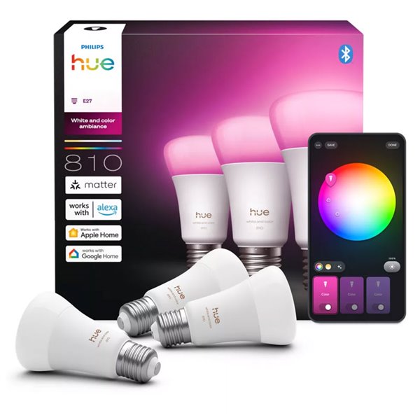 Pacote com 3 lâmpadas LED inteligentes Hue E27 A60, 810 lúmens, equivalente a 60 W (6 W), dimerizáveis, luz branca e colorida.