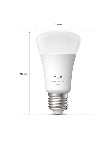 Pacote com 3 lâmpadas LED inteligentes Hue E27 A60, 810 lúmens, equivalente a 60 W (6 W), dimerizáveis, luz branca e colorida.