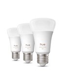 Pacote com 3 lâmpadas LED inteligentes Hue E27 A60, 810 lúmens, equivalente a 60 W (6 W), dimerizáveis, luz branca e colorida.