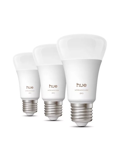 Pacote com 3 lâmpadas LED inteligentes Hue E27 A60, 810 lúmens, equivalente a 60 W (6 W), dimerizáveis, luz branca e colorida.