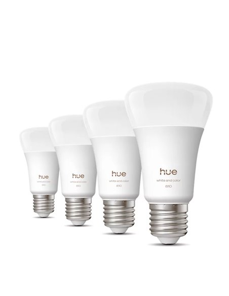 Pack 4 bombillas LES inteligentes Hue E27 A60, 810Lm, 6W equivalente 60W, regulable, White & Color Ambiance