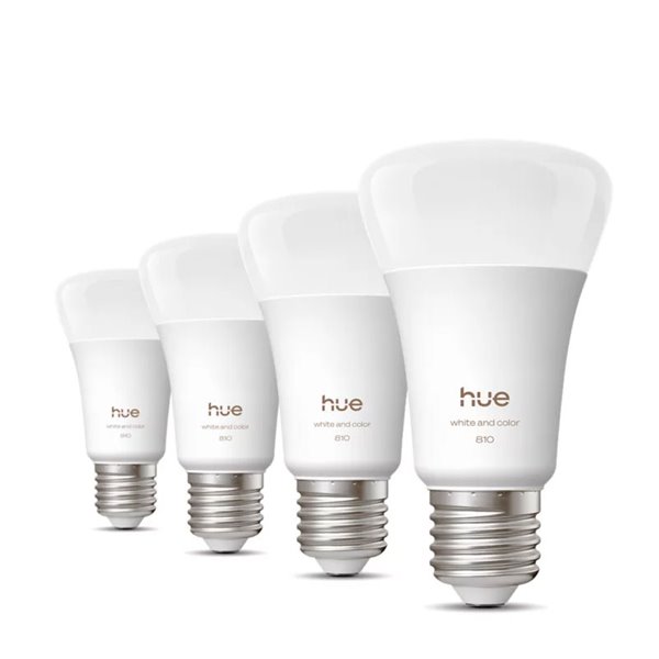 Pack 4 bombillas LES inteligentes Hue E27 A60, 810Lm, 6W equivalente 60W, regulable, White & Color Ambiance