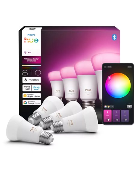 Pacote com 4 lâmpadas LED inteligentes Hue E27 A60, 810 lúmens, equivalente a 60 W (6 W), dimerizáveis, luz branca e colorida.
