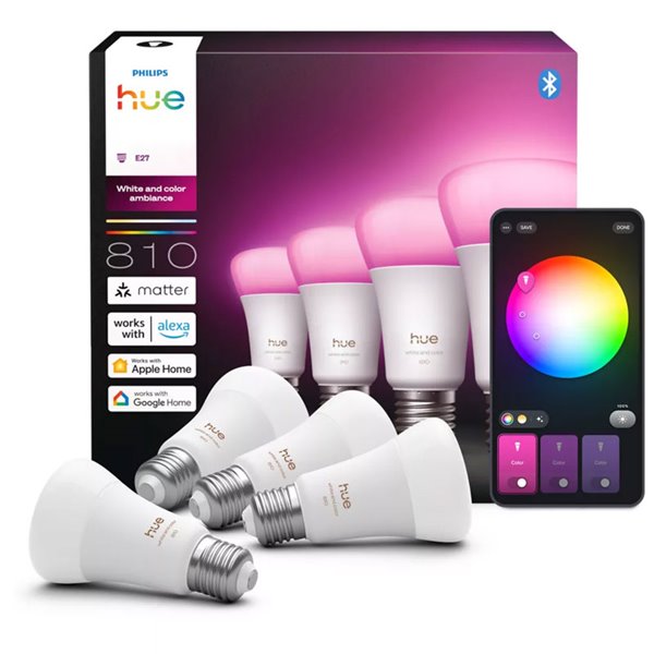 Pack 4 bombillas LES inteligentes Hue E27 A60, 810Lm, 6W equivalente 60W, regulable, White & Color Ambiance