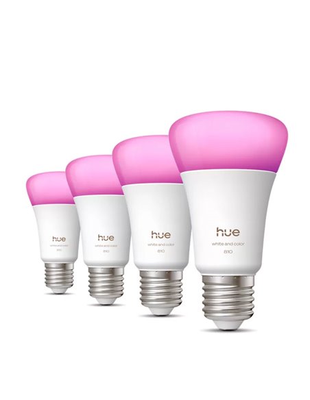 Pack 4 bombillas LES inteligentes Hue E27 A60, 810Lm, 6W equivalente 60W, regulable, White & Color Ambiance