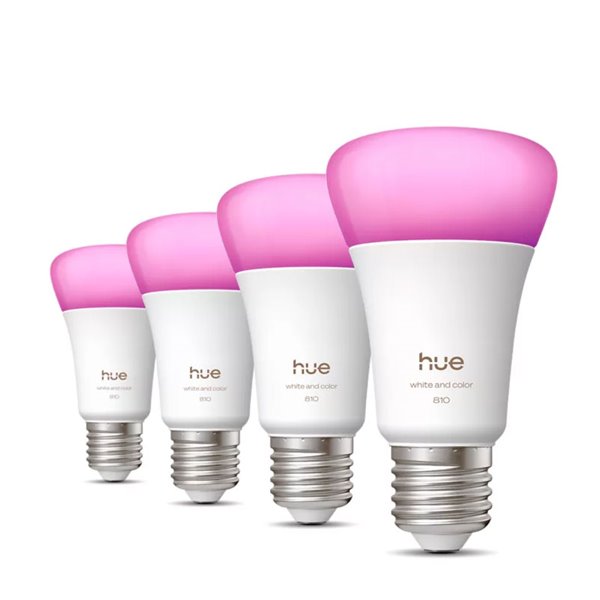 Pacote com 4 lâmpadas LED inteligentes Hue E27 A60, 810 lúmens, equivalente a 60 W (6 W), dimerizáveis, luz branca e colorida.