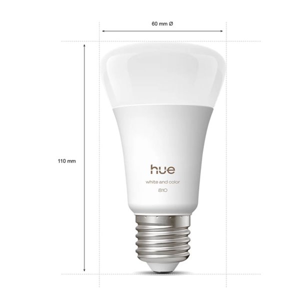 Pacote com 4 lâmpadas LED inteligentes Hue E27 A60, 810 lúmens, equivalente a 60 W (6 W), dimerizáveis, luz branca e colorida.