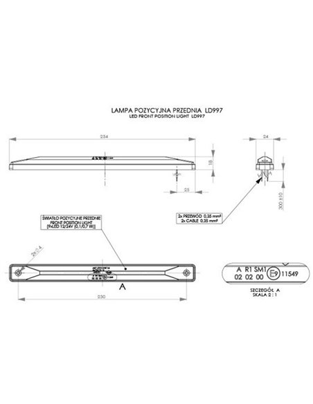 Barra LED de gálibo delantera, lateral, trasera 12/24V homologada R1 A SM1, blanco, ámbar y rojo IP68