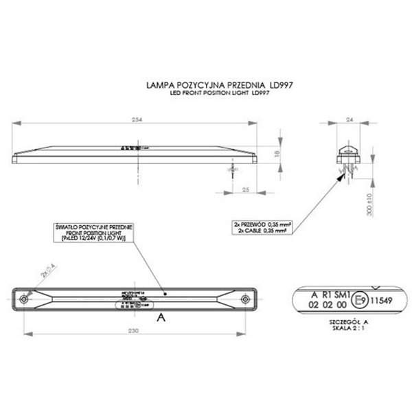Barra de luzes de sinalização LED dianteira, lateral e traseira, 12/24V, homologada R1 A SM1, branca, âmbar e vermelha, IP68