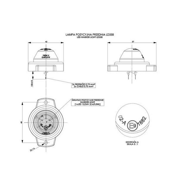 Feu de gabarit rond à LED avec support 12/24 V, homologué R1 A, blanc et rouge IP68