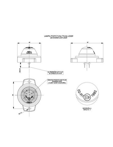 Feu de gabarit rond à LED avec support 12/24 V, homologué R1 A, blanc et rouge IP68