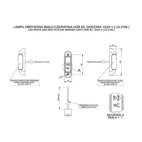 Luz de sinalização LED LD 2164, 2 funções, 12/24V, branca/vermelha, homologada para R1 e A, IP68