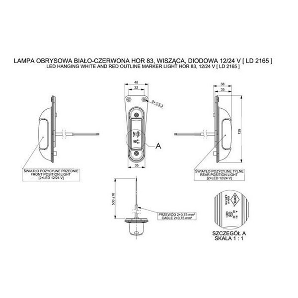 Luz de sinalização LED LD 2165 12/24V branca/vermelha com suporte de fixação, homologada R1 A IP68